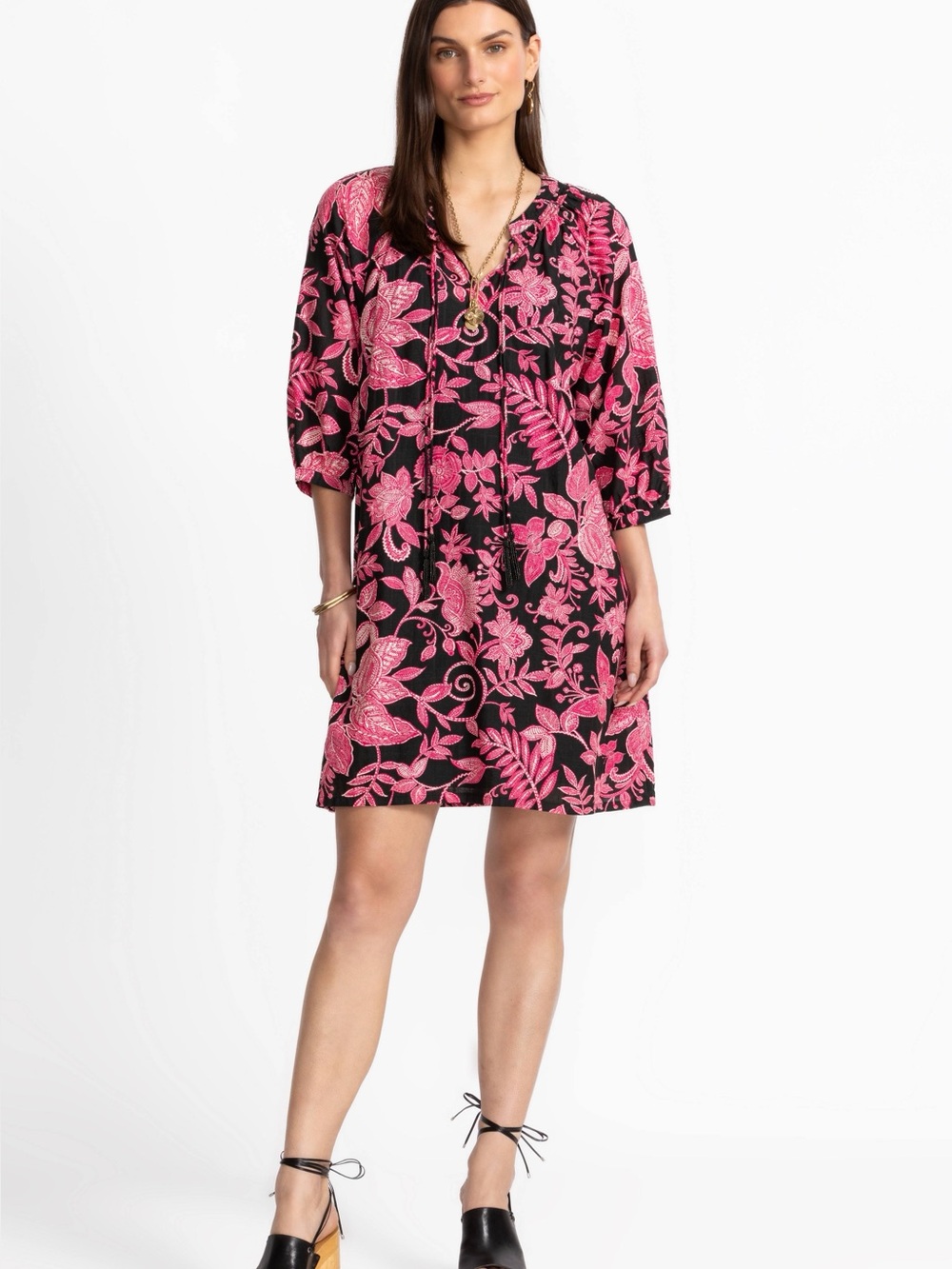 🌸 NWT Johnny Was Tassel Dress Alycia Black Floral Boho Shift Dress Size Medium